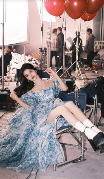 Romantic A Line Puff Sleeve Print Flower Blue Chiffon Party Dress Evening Dress with Slit HZ1023